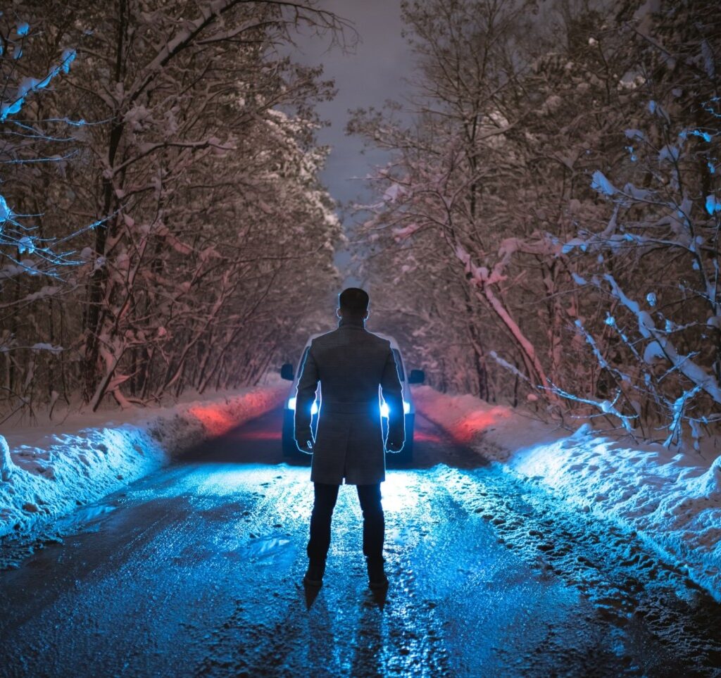 The Strong Man Stand Near The Car On The Snowy Roa D6W92 1024x963